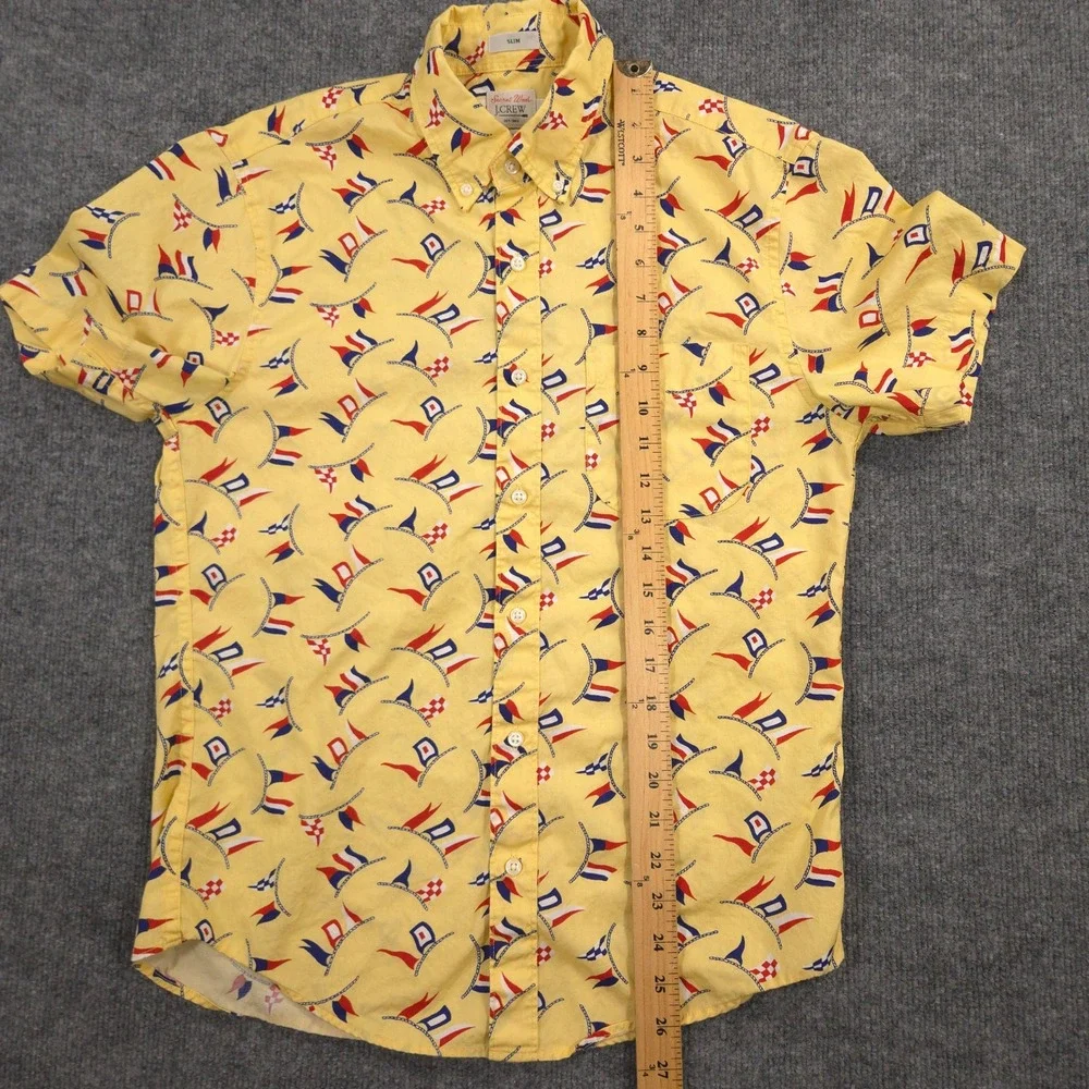 J Crew Shirt Mens S Yellow Nautical Flag AOP‎ Secret Wash Slim Fit Short Sleeve